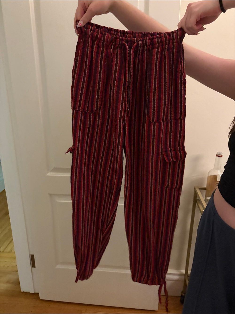 Women's Red Striped Elastic-Waist Cargo Pants